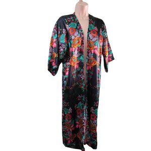 Free Press Accessories Navy Jewel Tone Satin Floral Open Robe Duster Cover Up  M